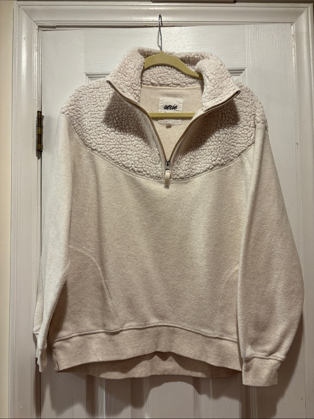 Aerie Hometown Holiday Cream Sherpa Quarter Zip Oversized Pullover XS